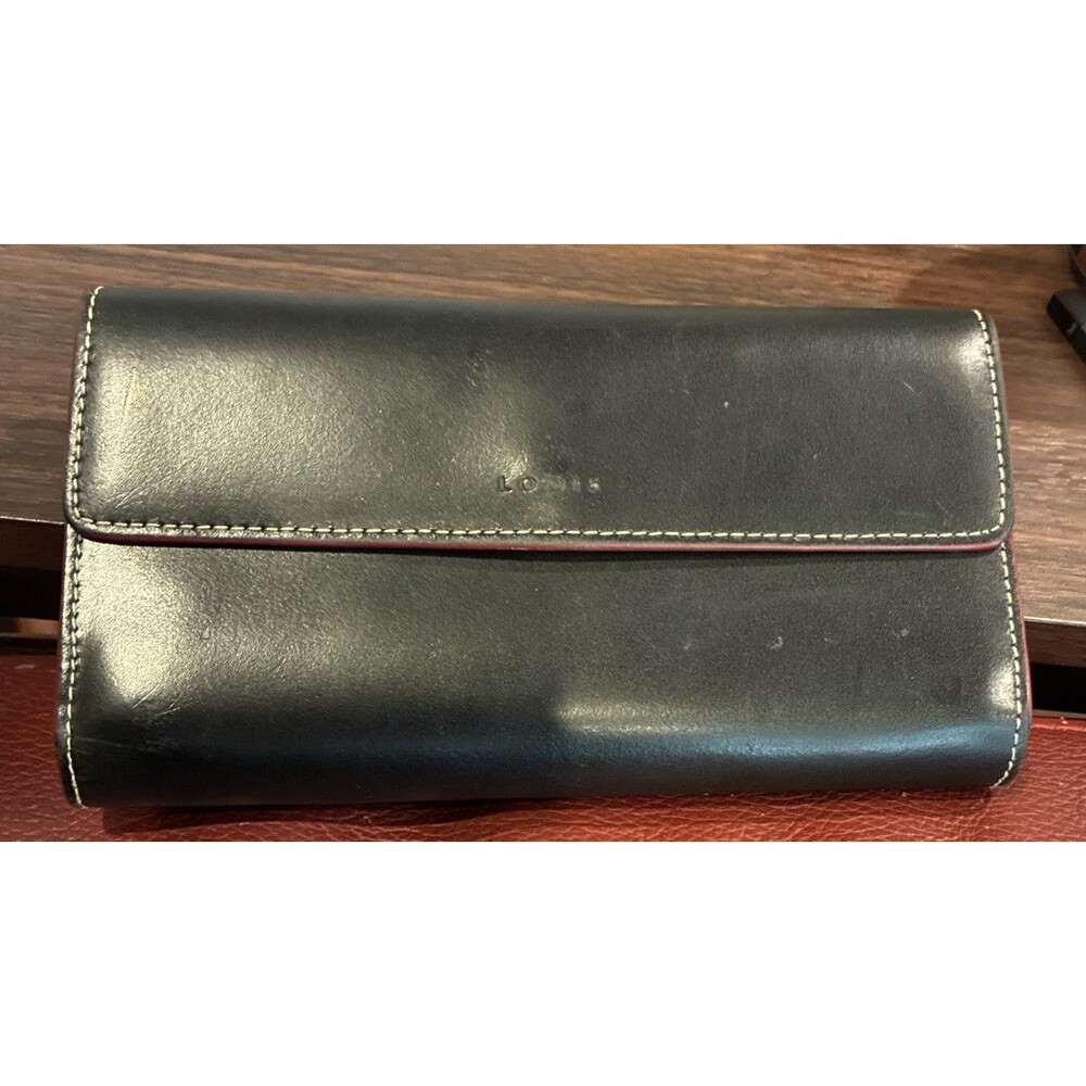Lodis Audrey Black Leather Trifold Clutch Wallet Red Interior ID Window 10 Slot